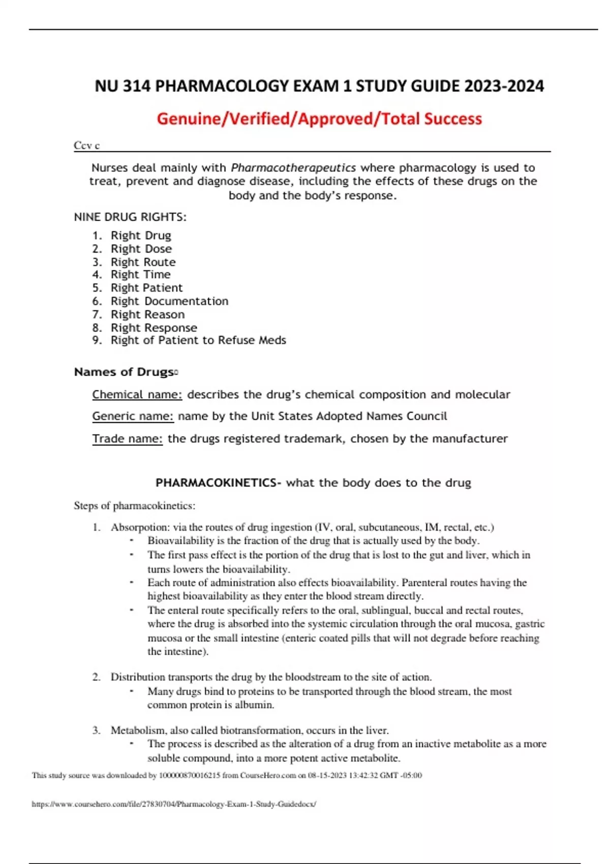 NU 314 PHARMACOLOGY EXAM 1 STUDY GUIDE Genuine/Verified/Approved/Total ...