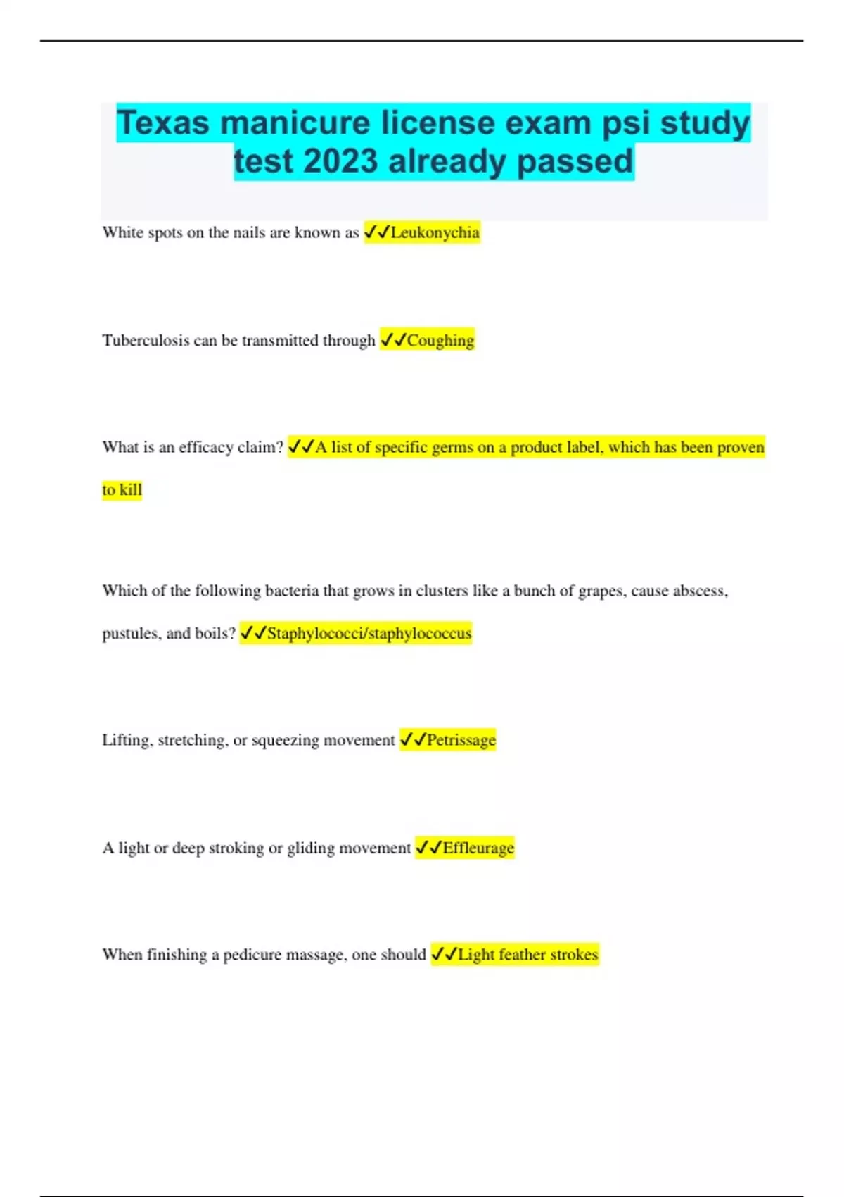 Texas manicure license exam psi study test 2023 already passed Texas