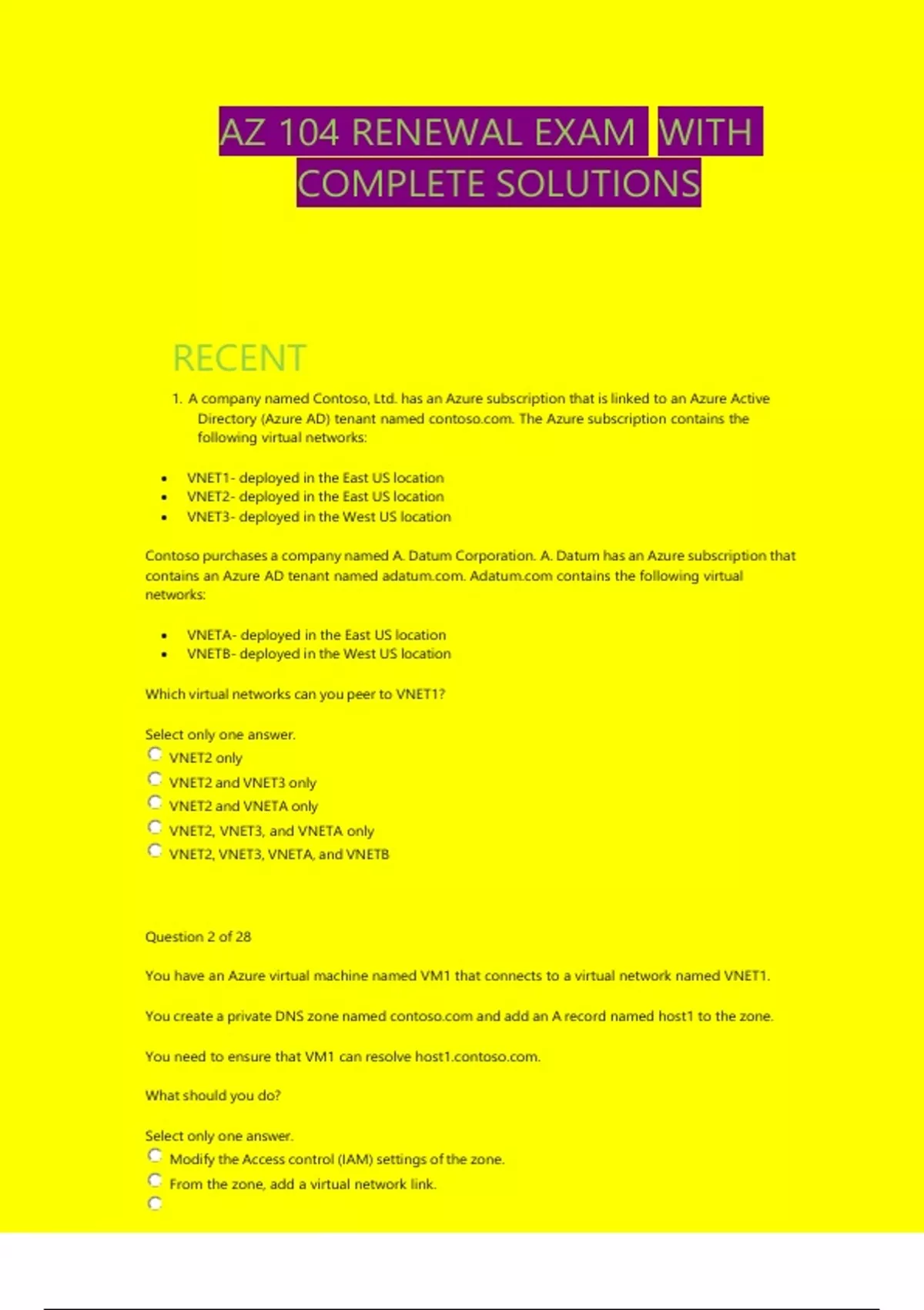 AZ 104 RENEWAL EXAM WITH COMPLETE SOLUTIONS - AZ 104 RENEWAL - Stuvia US
