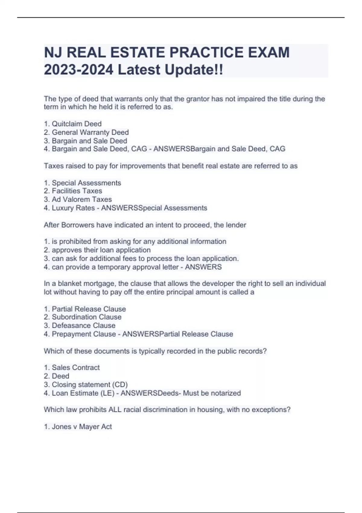 NJ REAL ESTATE PRACTICE EXAM Latest Update!! - NJ REAL ESTATE - Stuvia US