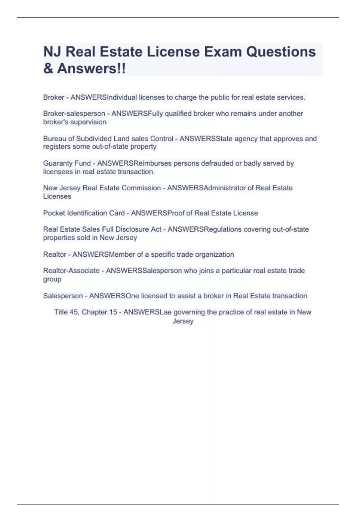 NJ Real Estate License Exam Questions & Answers!! NJ Real Estate Stuvia UK