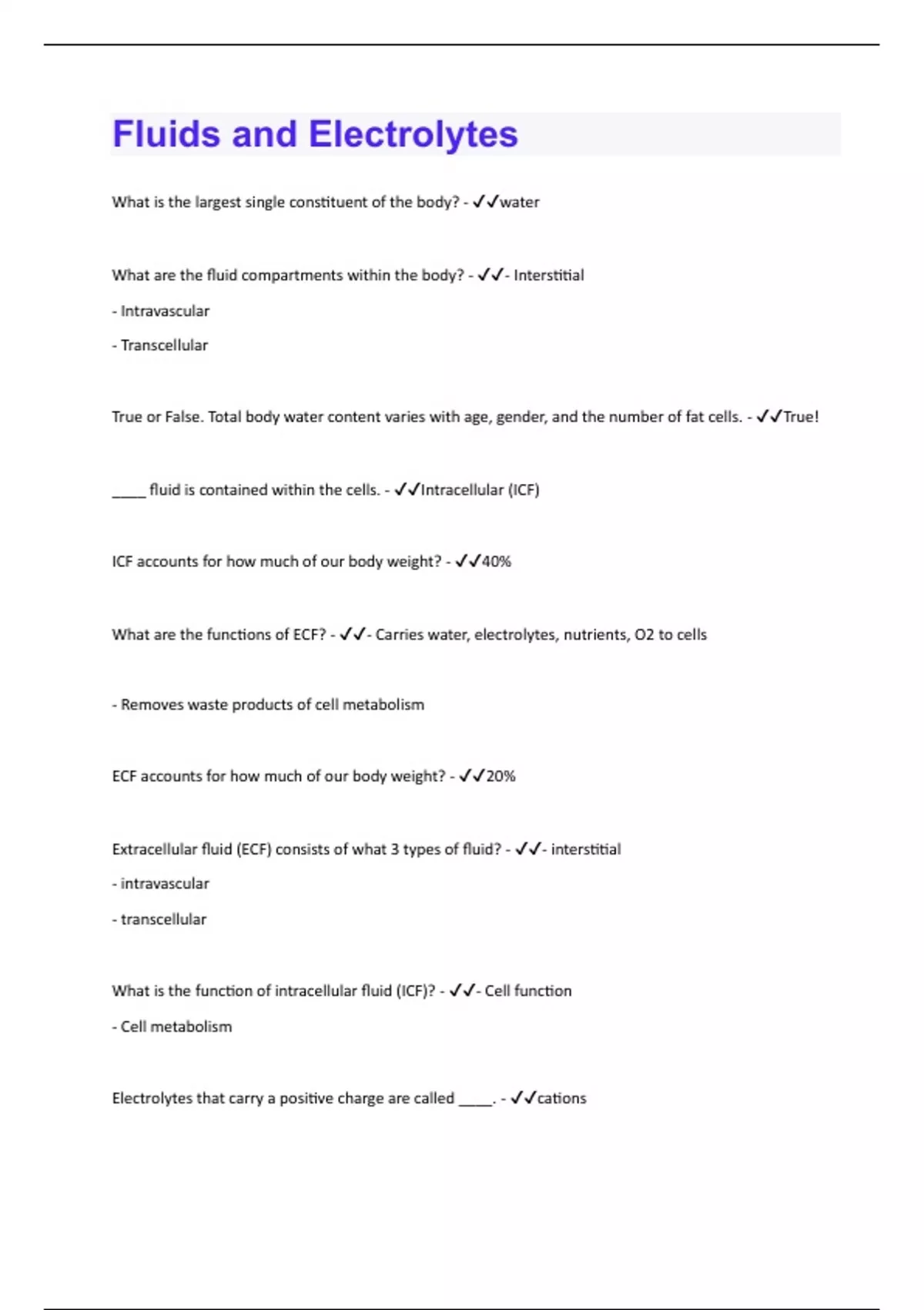 Fluids and Electrolytes 199 Questions and Answers(A+ Solution guide