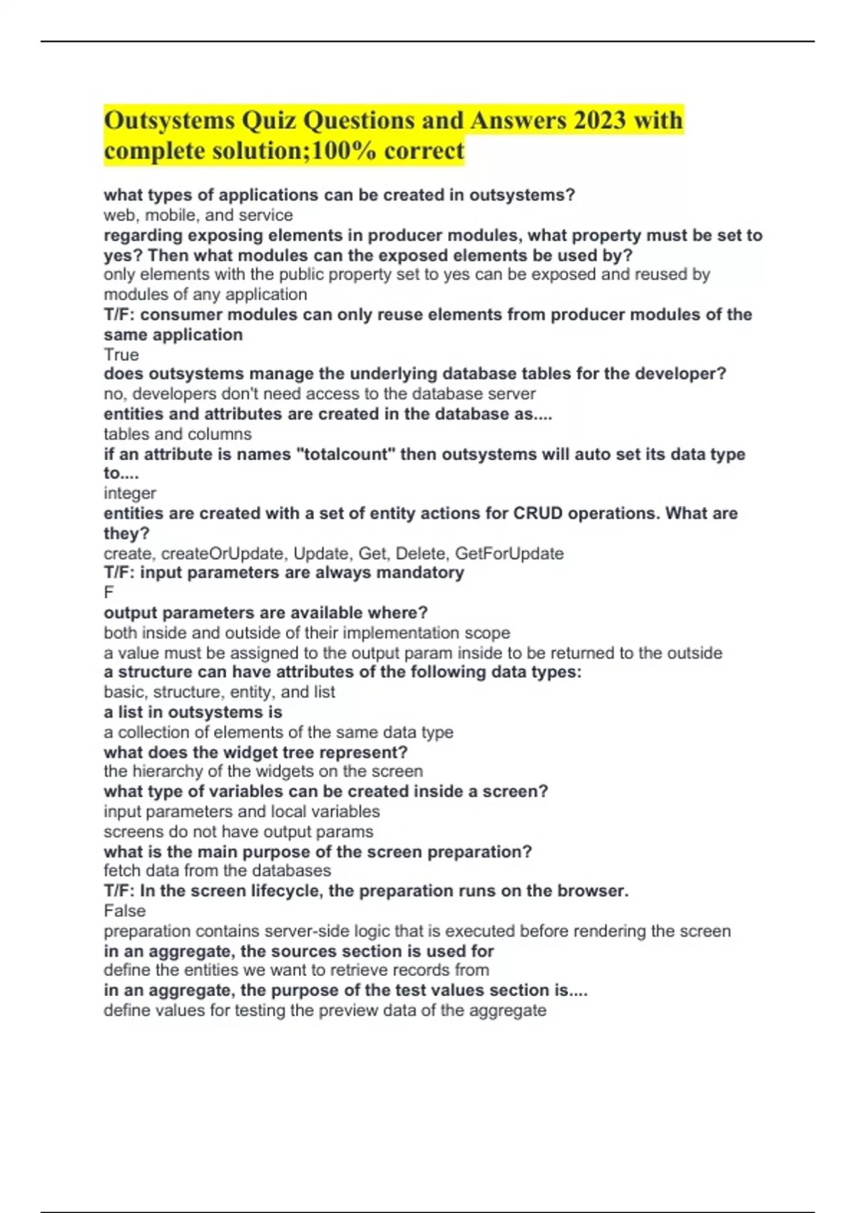 Outsystems Quiz Questions and Answers 2023 with complete solution;100% ...