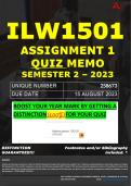 ILW1501 ASSIGNMENT 1 QUIZ MEMO - SEMESTER 2 - 2023 - UNISA - DUE DATE: - 15 AUGUST 2023 (100% PASS - GUARANTEED) 