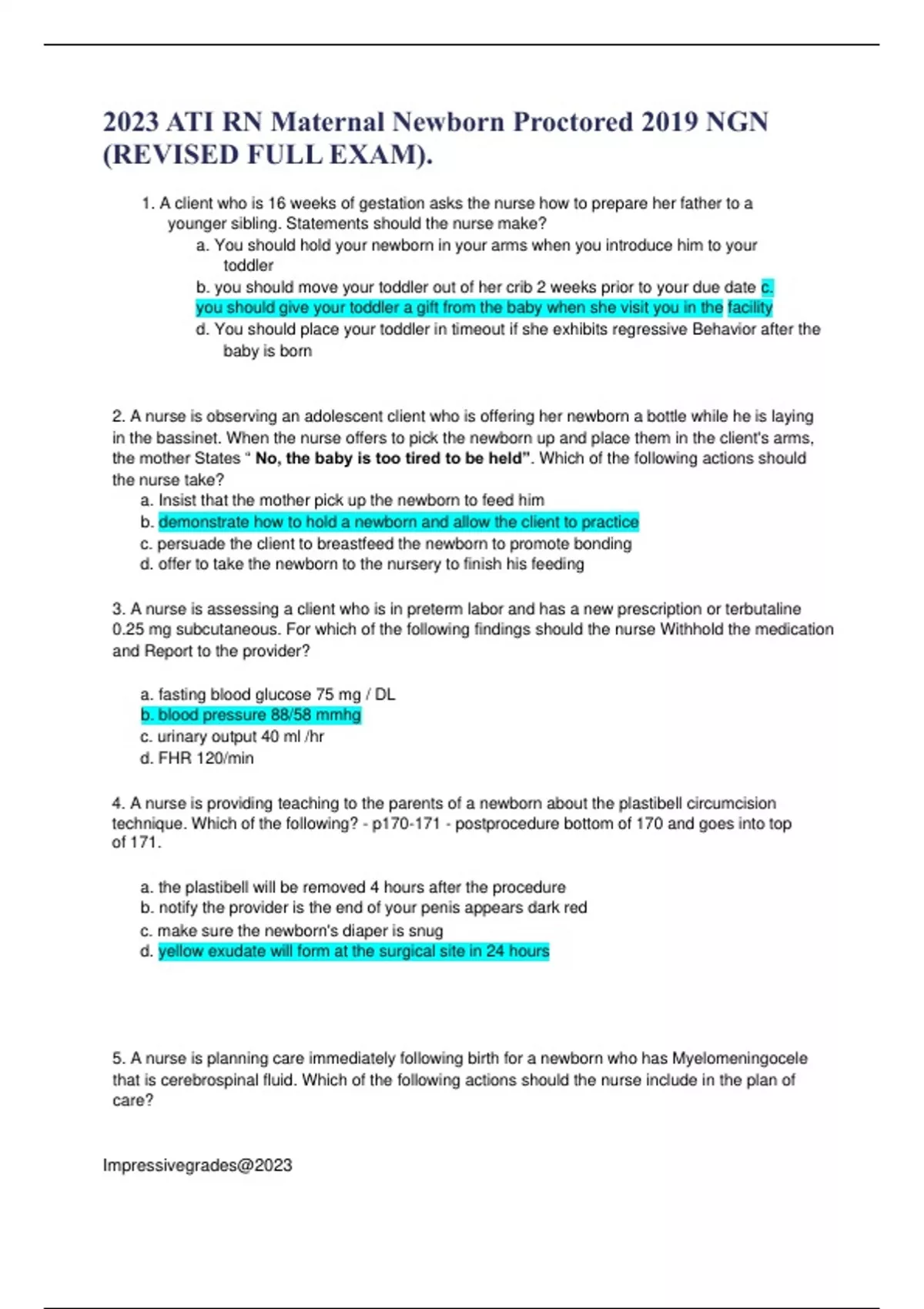 2023 ATI RN Maternal Newborn Proctored 2019 NGN (REVISED FULL EXAM