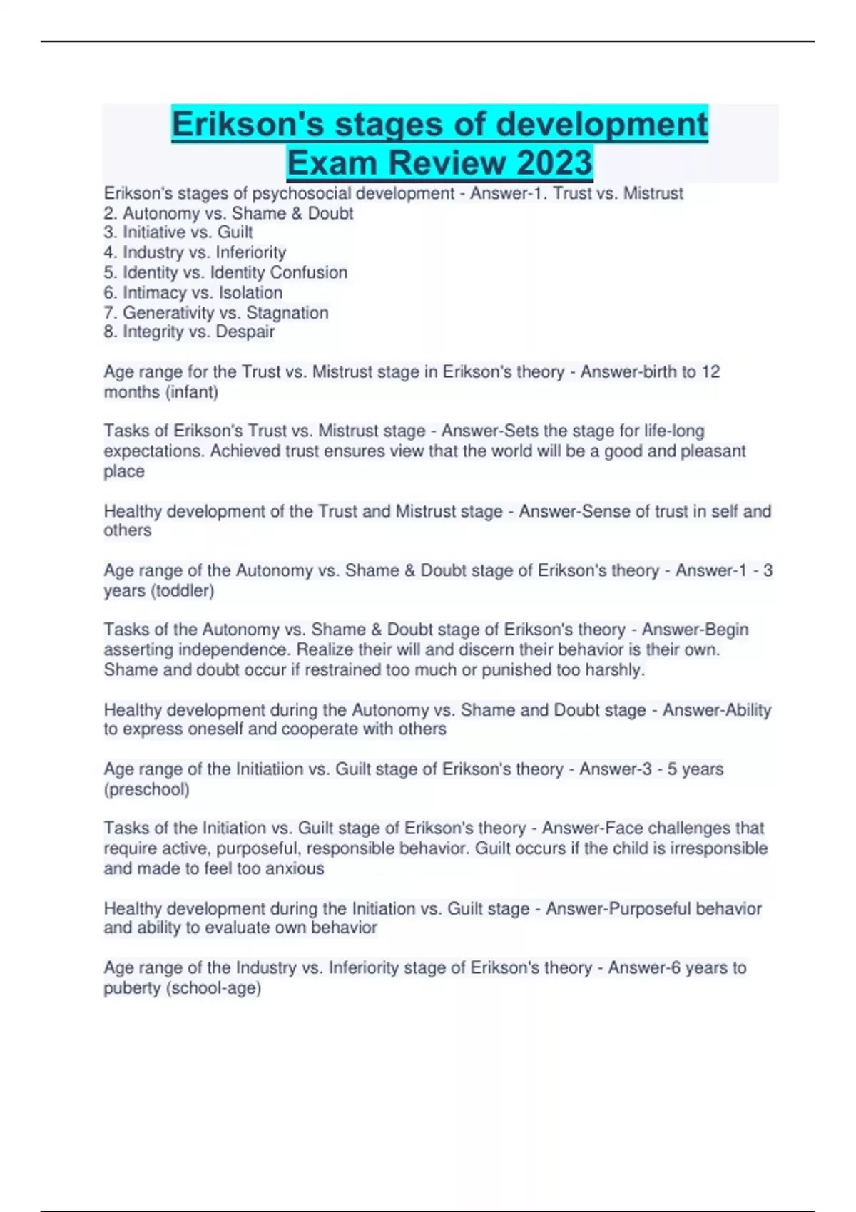 Erikson's stages of development Exam Review 2023 - Erikson\'s stages of ...