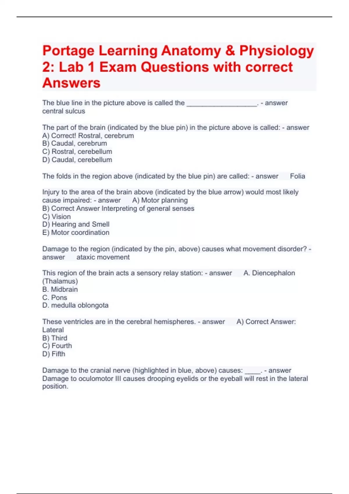 Portage Learning Anatomy & Physiology 2 Lab 1 Exam Questions with