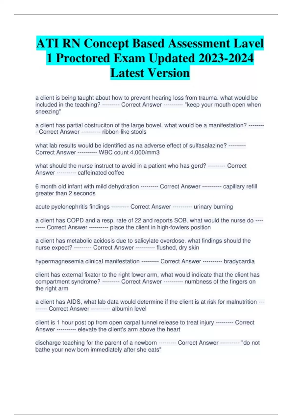 ATI RN Concept Based Assessment Lavel 1 Proctored Exam Updated Latest ...