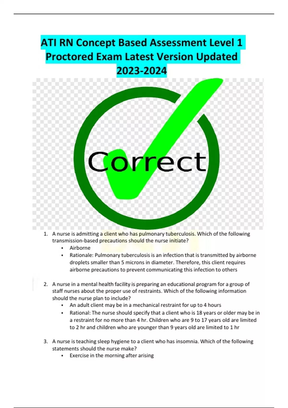 ATI RN Concept Based Assessment Level 1 Proctored Exam Latest Version ...