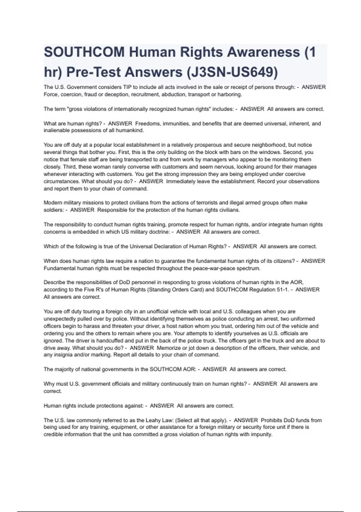 Human Rights Awareness Answers SOUTHCOM Human Rights Awareness (1 hr) Pre-Test Answers (J3SN-US649 ...