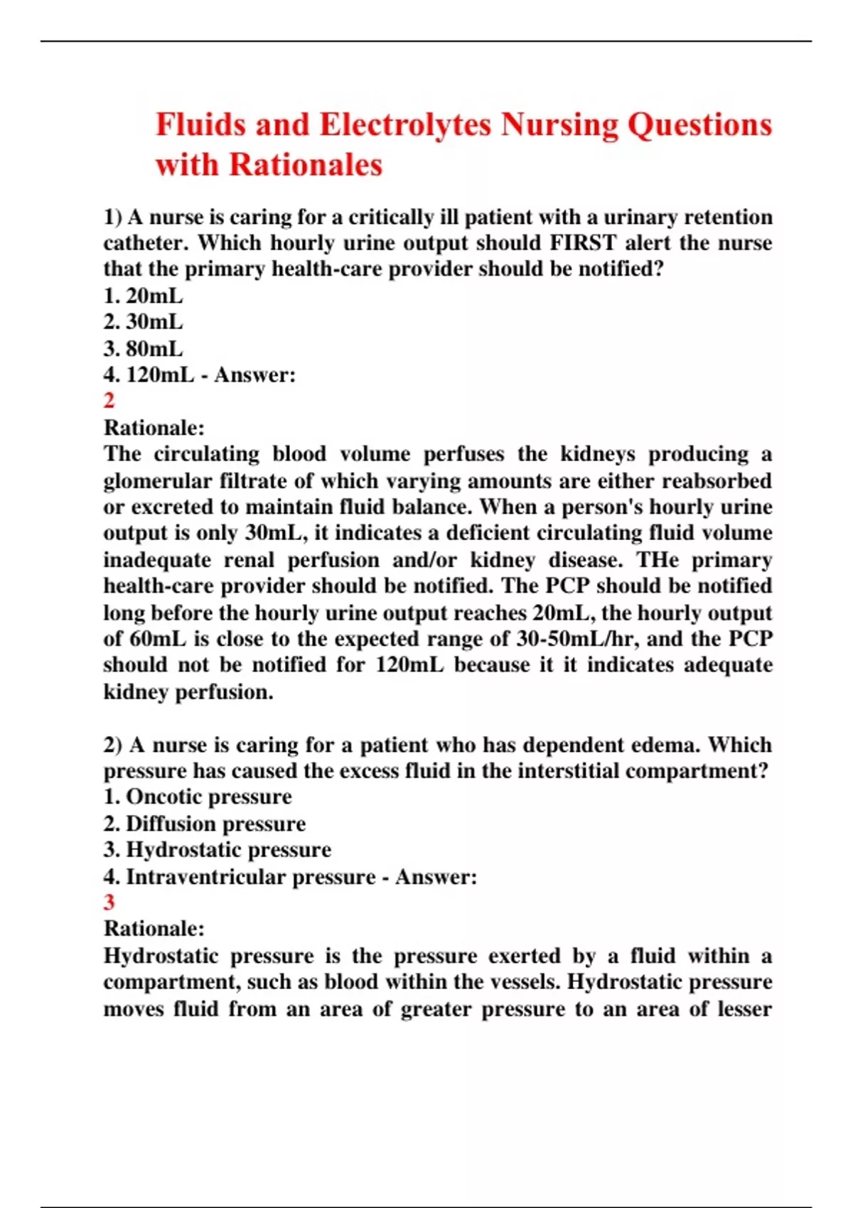 Fluids and Electrolytes Nursing Questions with Rationales Fluids and Electrolytes Nursing