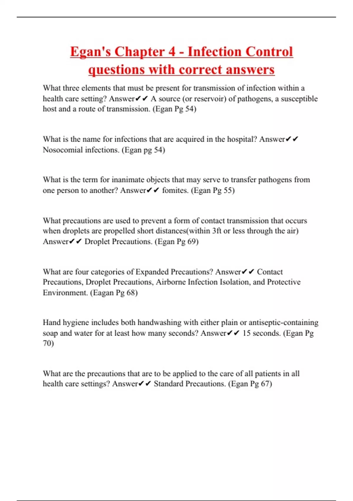 Egan's Chapter 4 Infection Control questions with correct answers