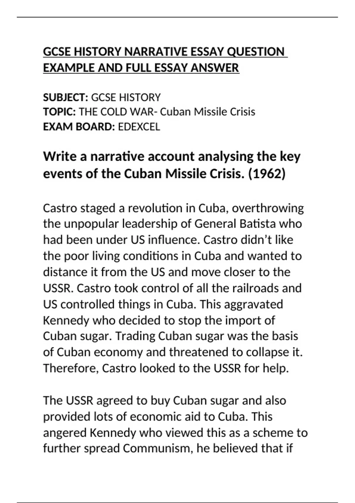 GCSE history COLD WAR EDEXCEL cuban missile crisis FULL narrative