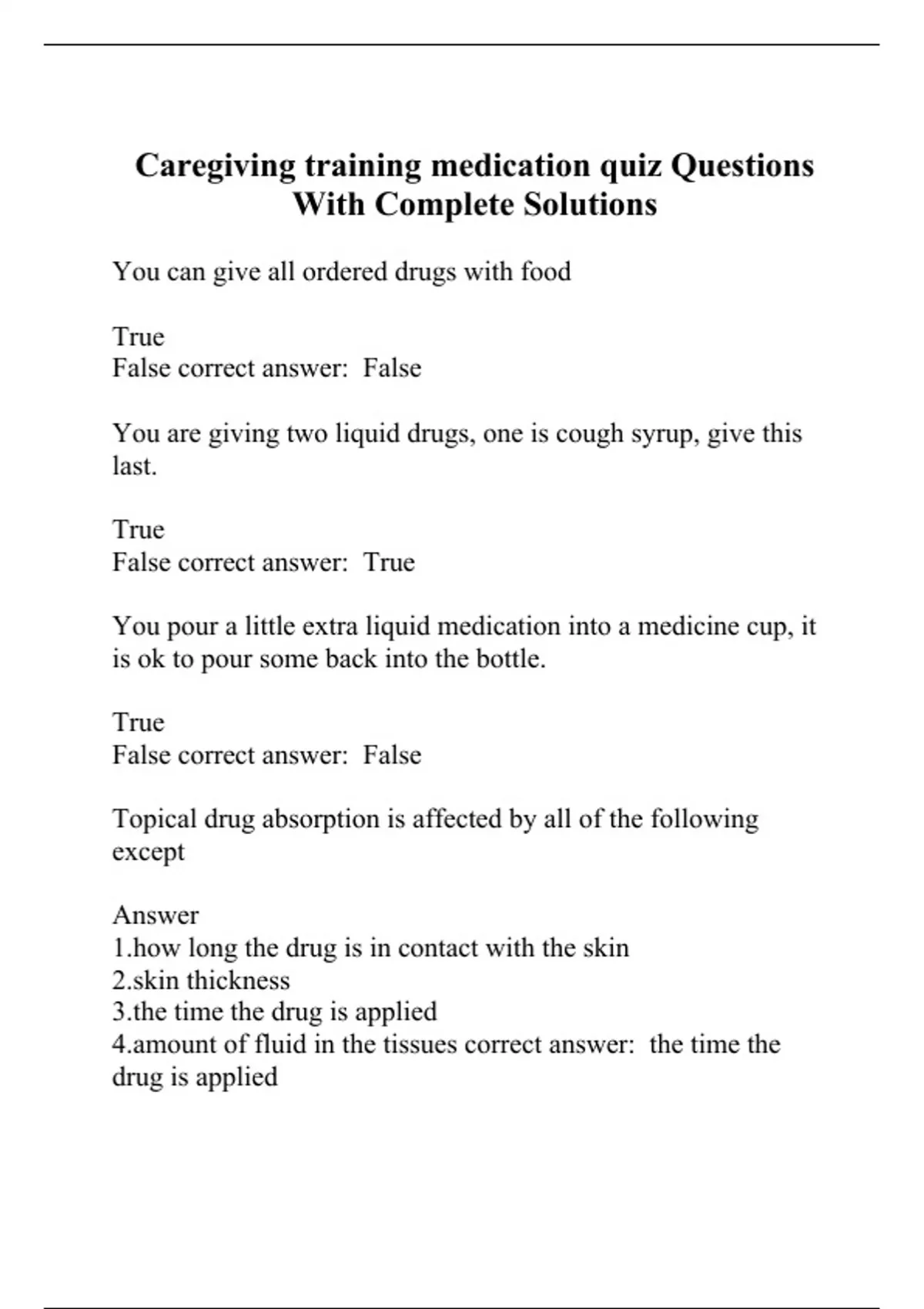 Caregiving training medication quiz Questions With Complete Solutions