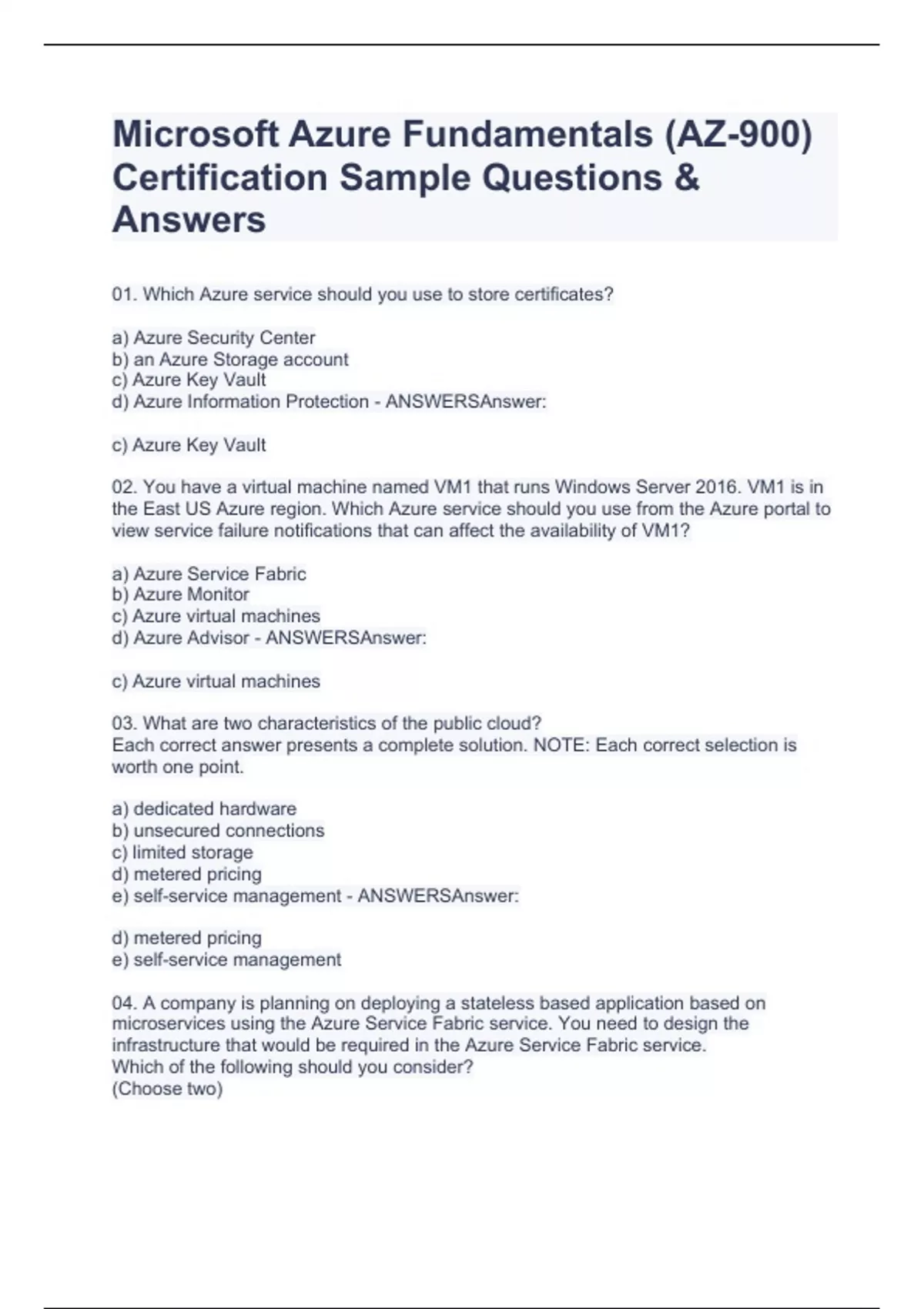 Microsoft Azure Fundamentals (AZ-900) Certification Sample Questions ...