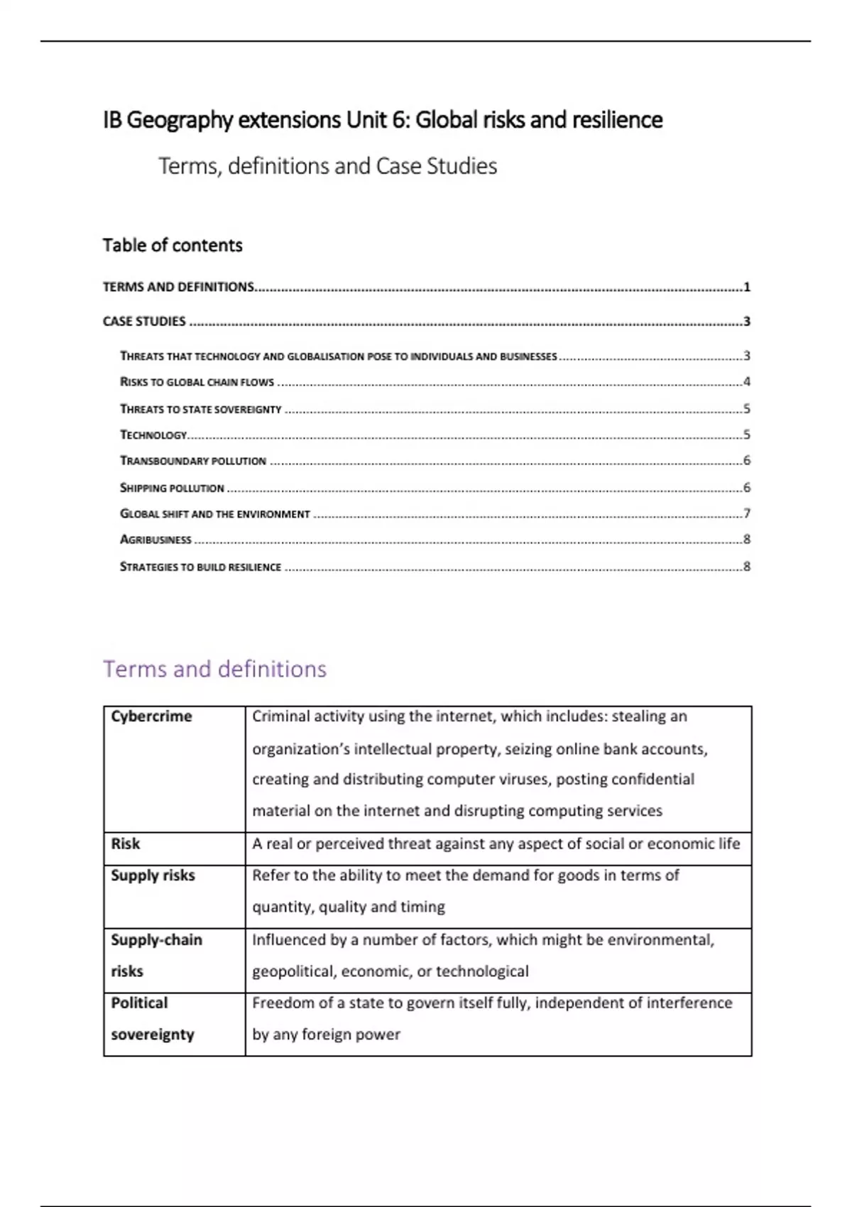 IB Geography Unit 6 (Global risks and resilience) summary of terms with
