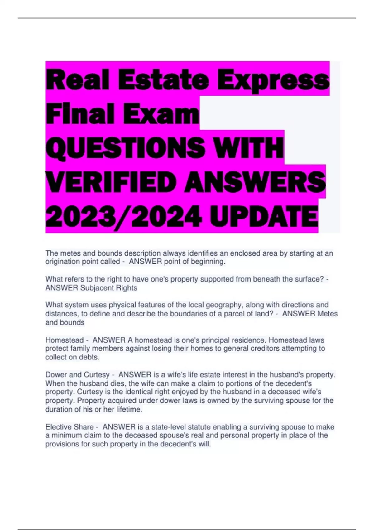 Real Estate Express Final Exam QUESTIONS WITH VERIFIED ANSWERS 2023/