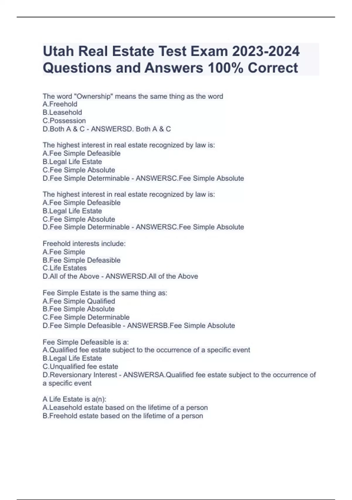 Utah Real Estate Test Exam Questions and Answers 100 Correct Utah Real Estate Stuvia US