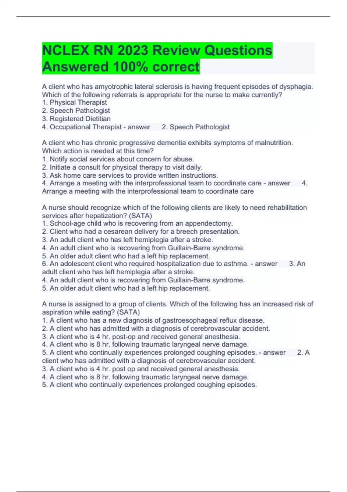 NCLEX RN 2023 Review Questions Answered 100% correct - NCLEX RN - Stuvia US