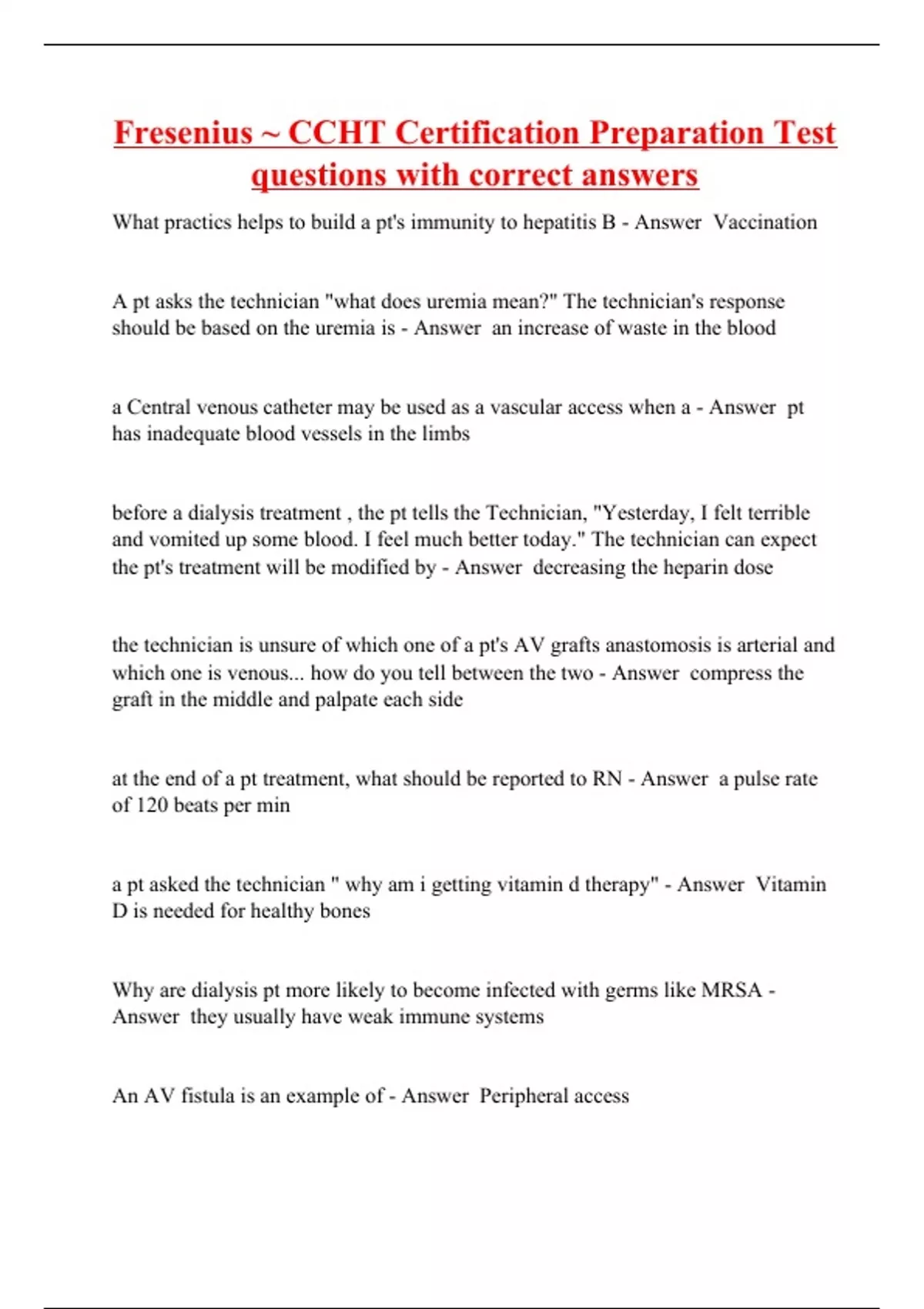 Fresenius ~ CCHT Certification Preparation Test questions with correct ...