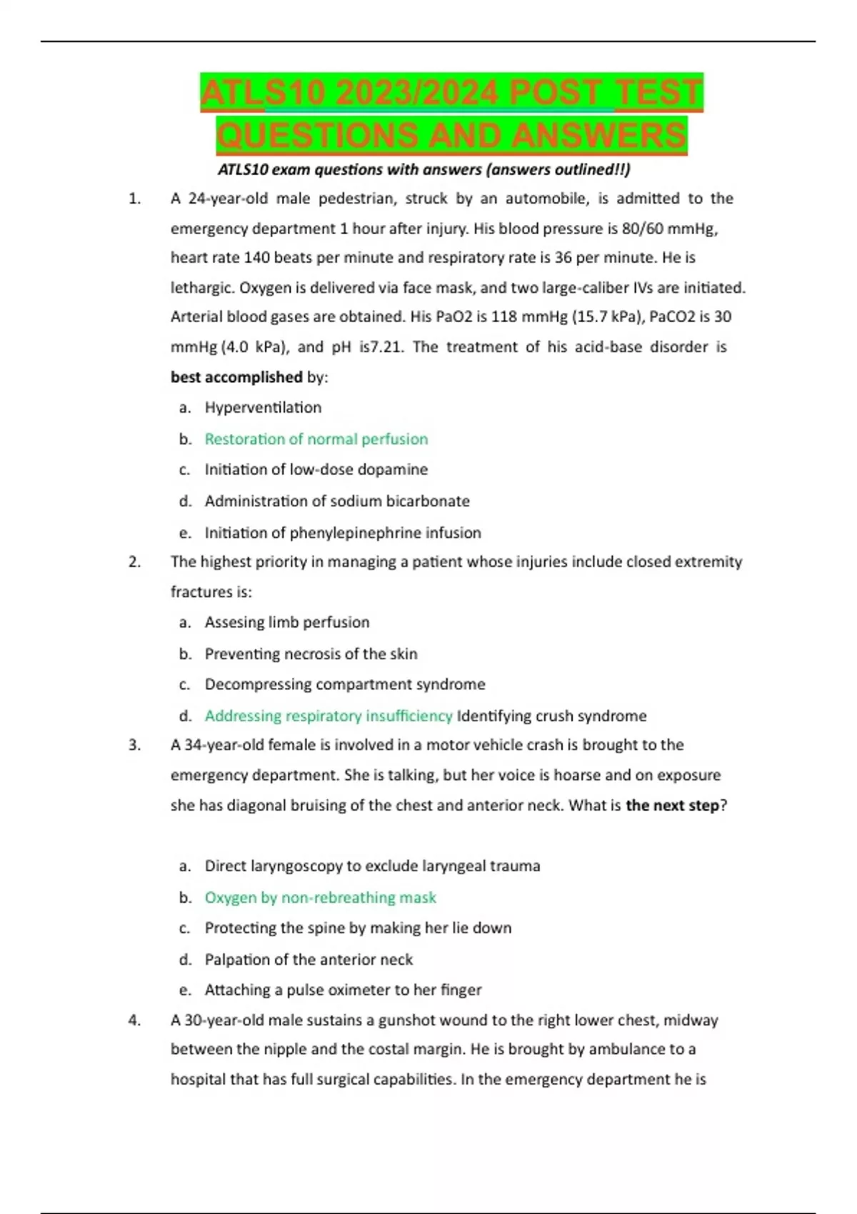 ATLS POST TEST QUESTIONS AND ANSWERS Advance nursing Stuvia US