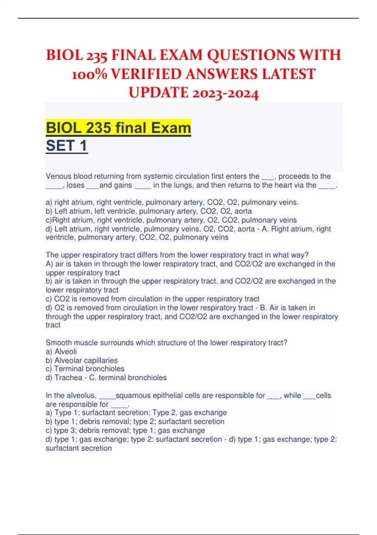 235 Number Questions BIOL 235 FINAL EXAM QUESTIONS WITH 100% VERIFIED ANSWERS LATEST UPDATE ...
