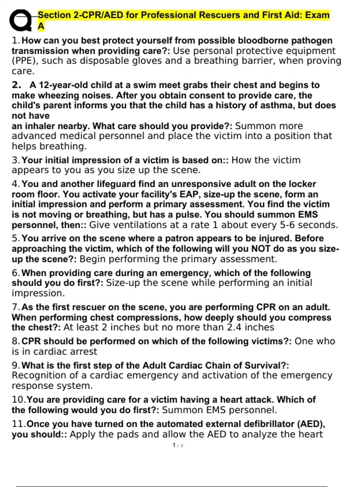 Section 2CPR/AED for Professional Rescuers and First Aid Exam A questions and answers latest