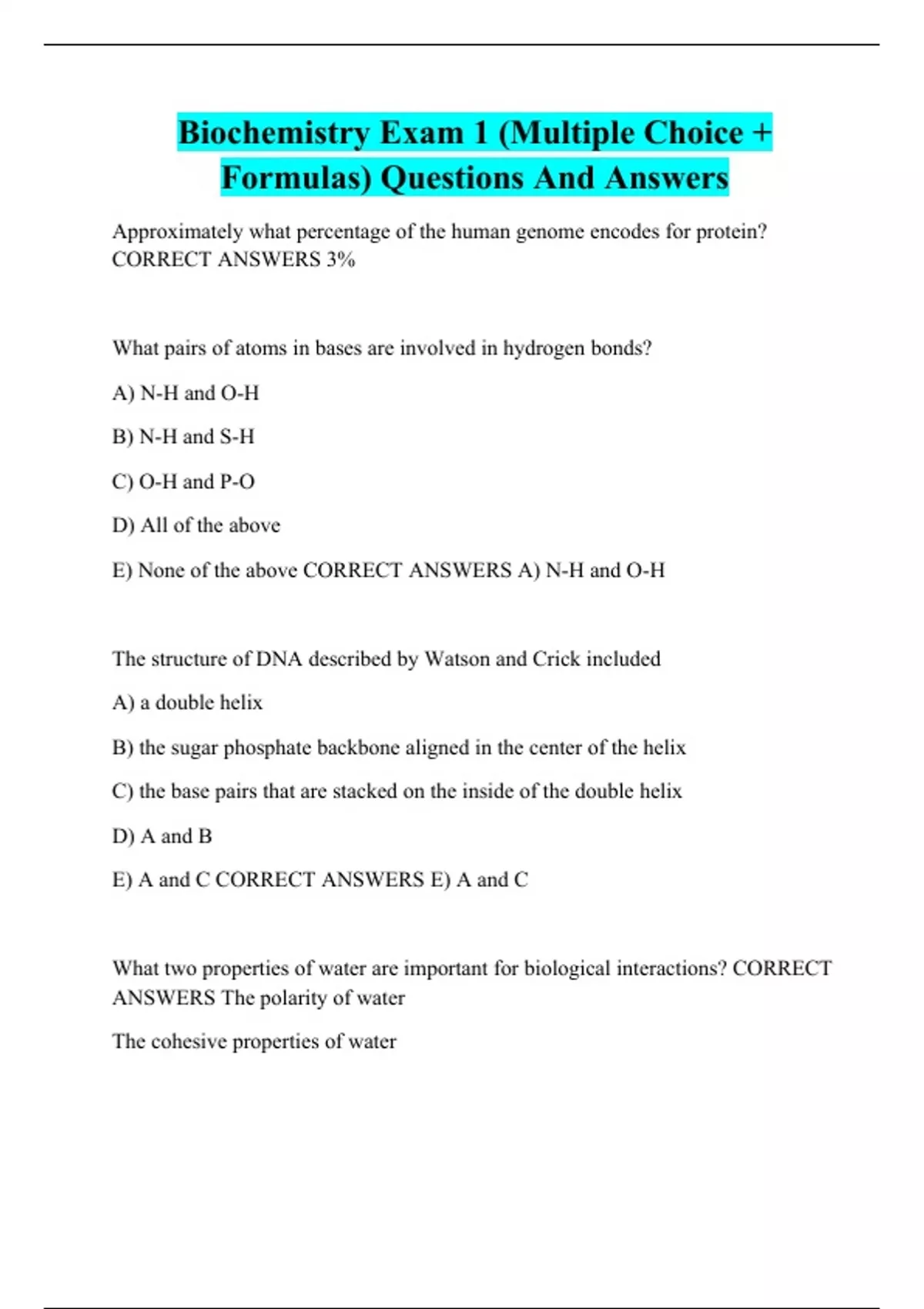 Biochemistry Exam 1 (Multiple Choice + Formulas) Questions And Answers
