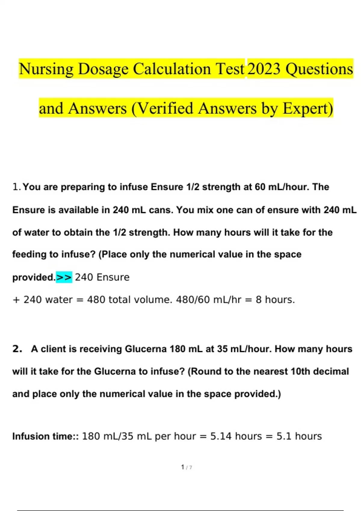 Nursing Dosage Calculation Test questions and answers latest [100% ...