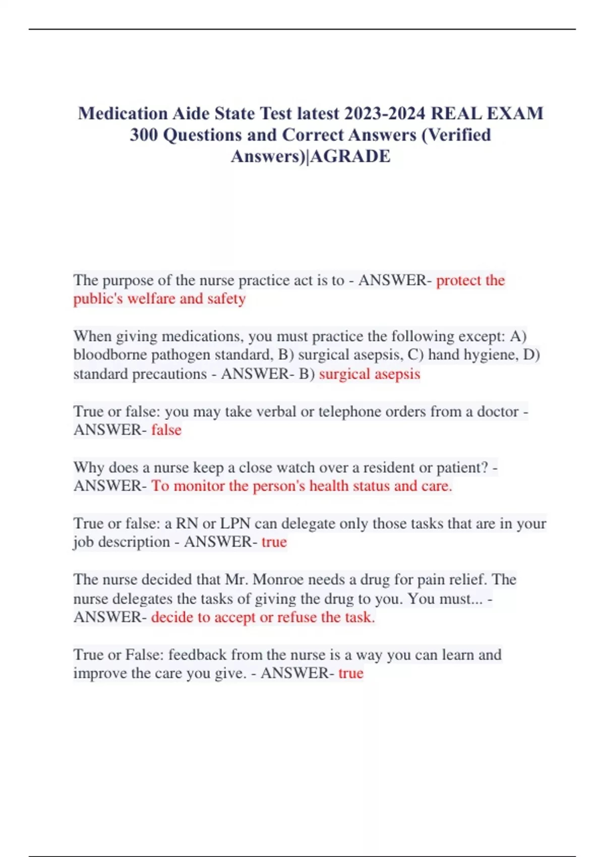 Medication Aide State Test Latest Real Exam 300 Questions And Correct