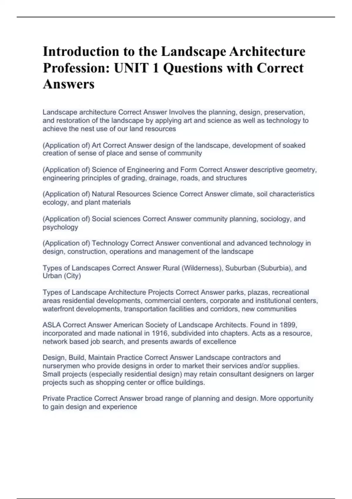 Introduction to the Landscape Architecture Profession: UNIT 1 Questions ...