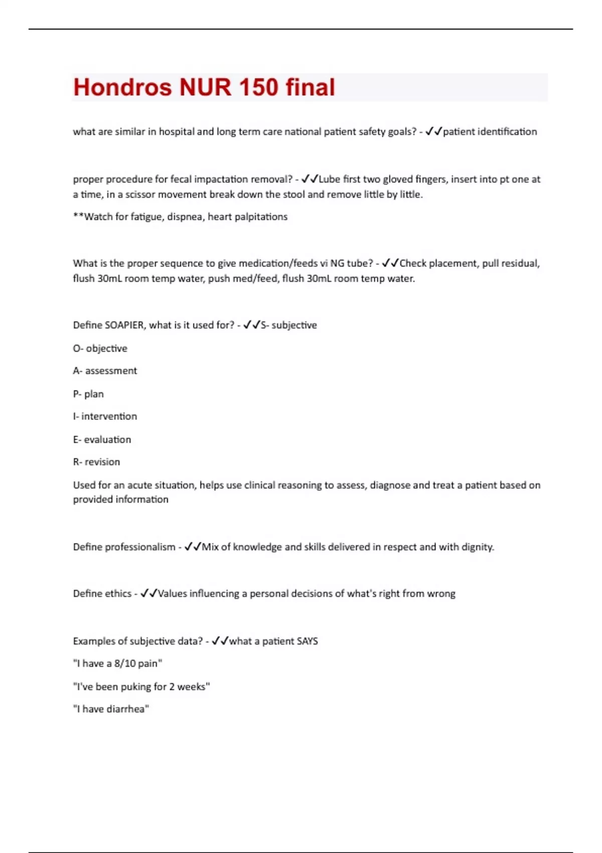 Hondros NUR 150 final exam (100% correct and graded A+) - Hondros NUR ...