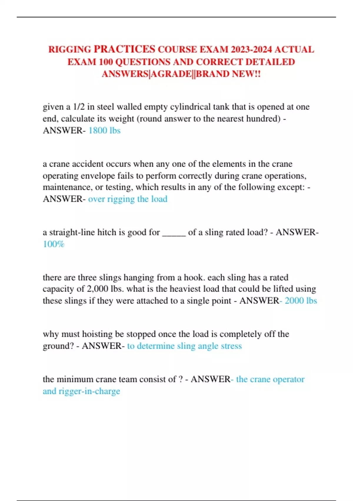 RIGGING PRACTICES COURSE EXAM ACTUAL EXAM 100 QUESTIONS AND CORRECT