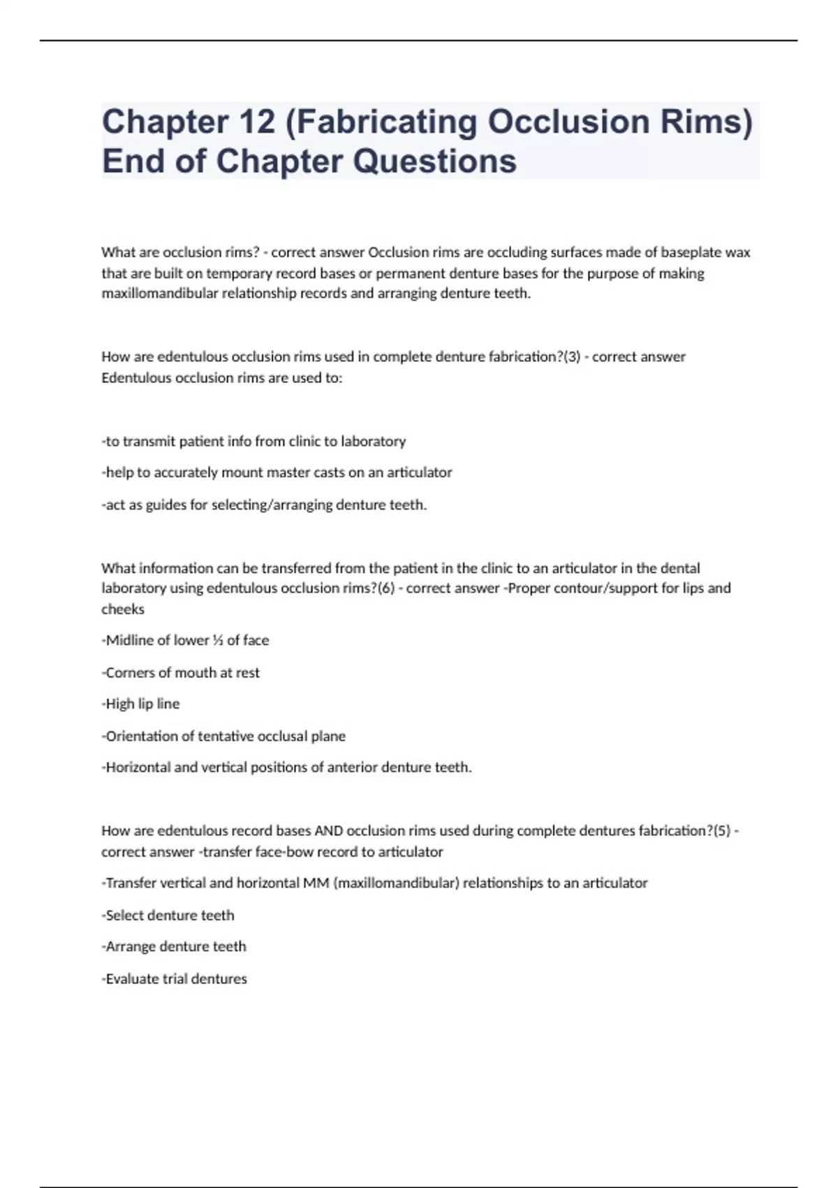 Chapter 12 (Fabricating Occlusion Rims) End of Chapter Questions with