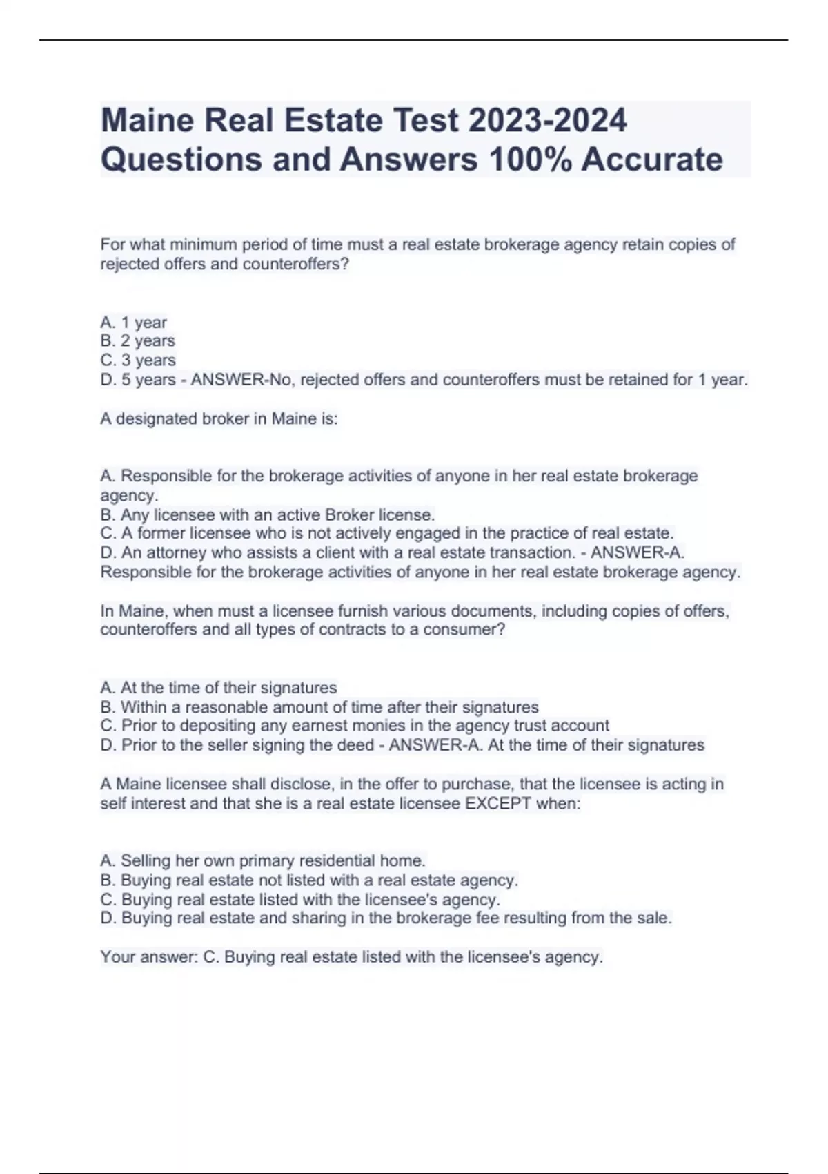 Maine Real Estate Test Questions and Answers 100 Accurate Maine Real