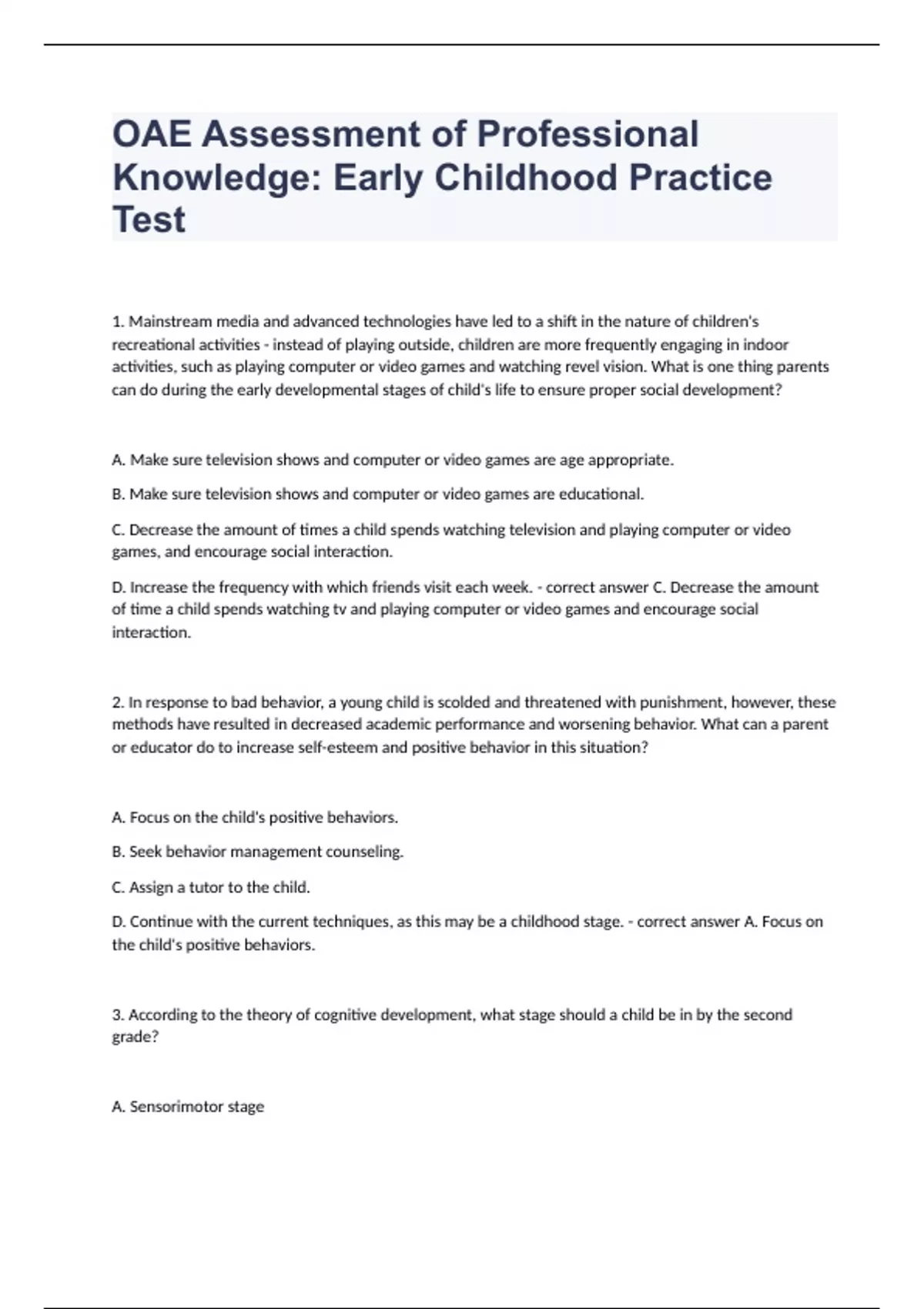 OAE Assessment of Professional Knowledge Early Childhood Practice Test fully solved 2023 OAE