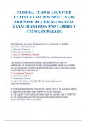 FLORIDA CLAIMS ADJUSTER  LATEST EXAM 2023-2024/CLAIMS  ADJUSTER (FLORIDA) 270+ REAL  EXAM QUESTIONS AND CORRECT  ANSWERS|AGRADE