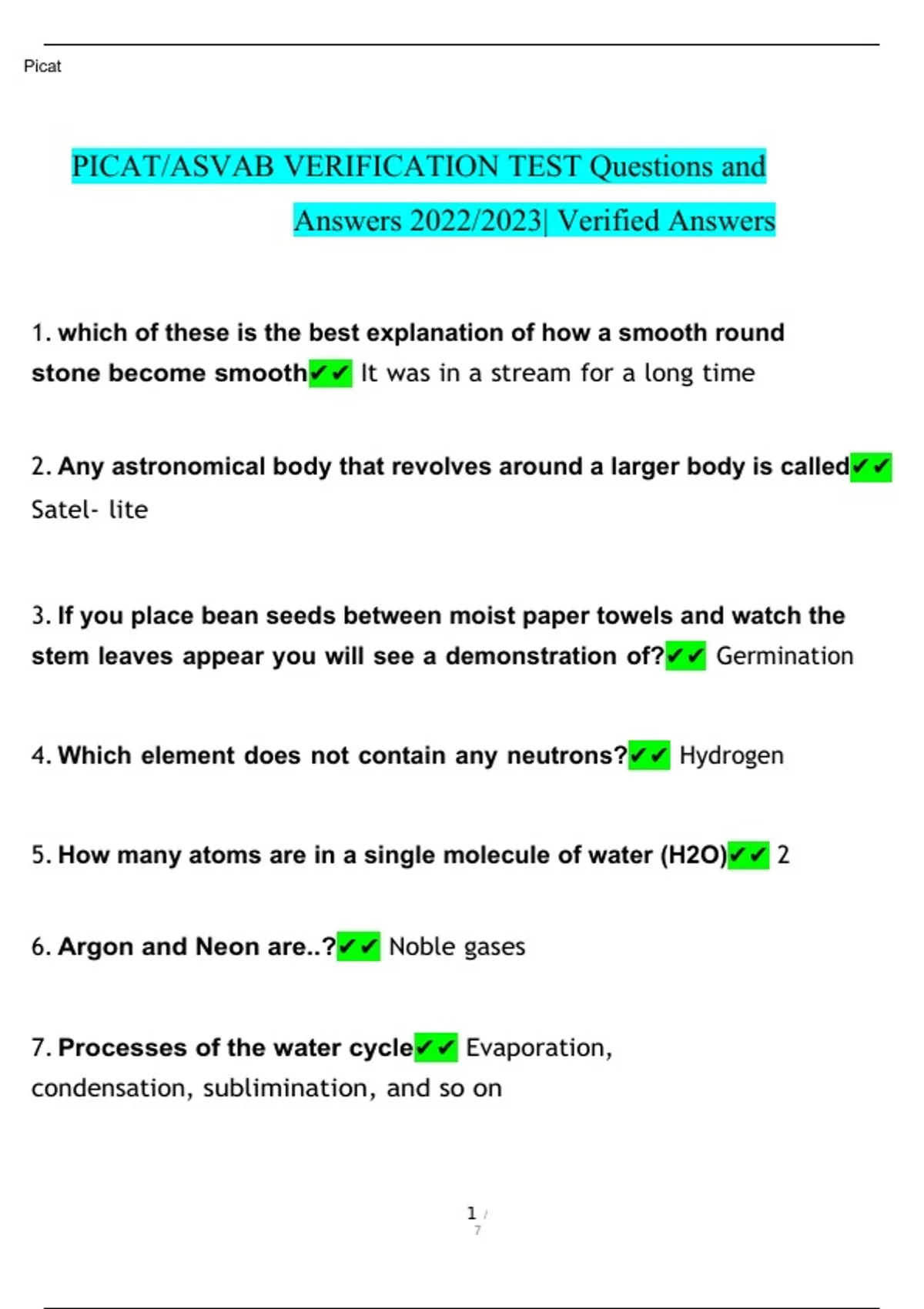 PICAT/ASVAB VERIFICATION TEST Questions and Answers (2022/2023 Verified ...
