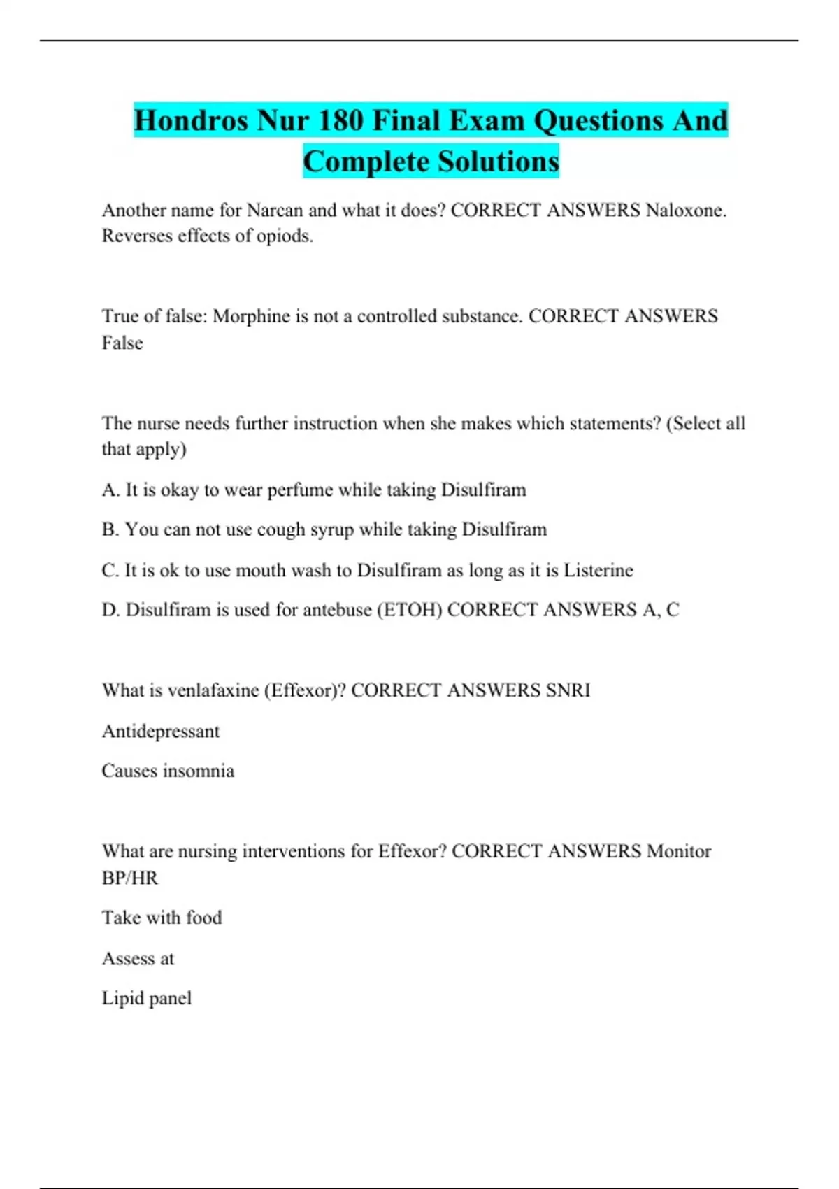 Hondros Nur 180 Final Exam Questions And Complete Solutions - Nur 180 ...