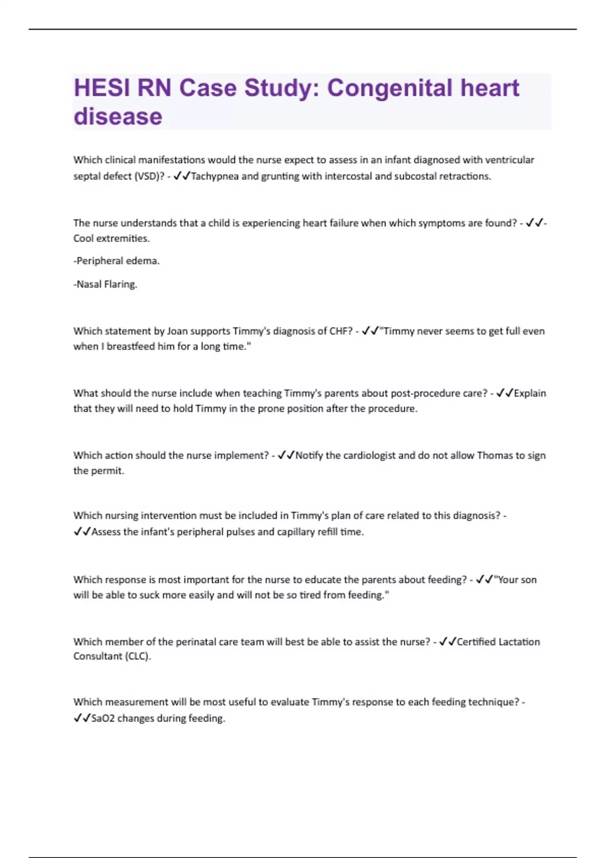 HESI RN Case Study: Congenital heart disease Questions and Answers(A+ ...