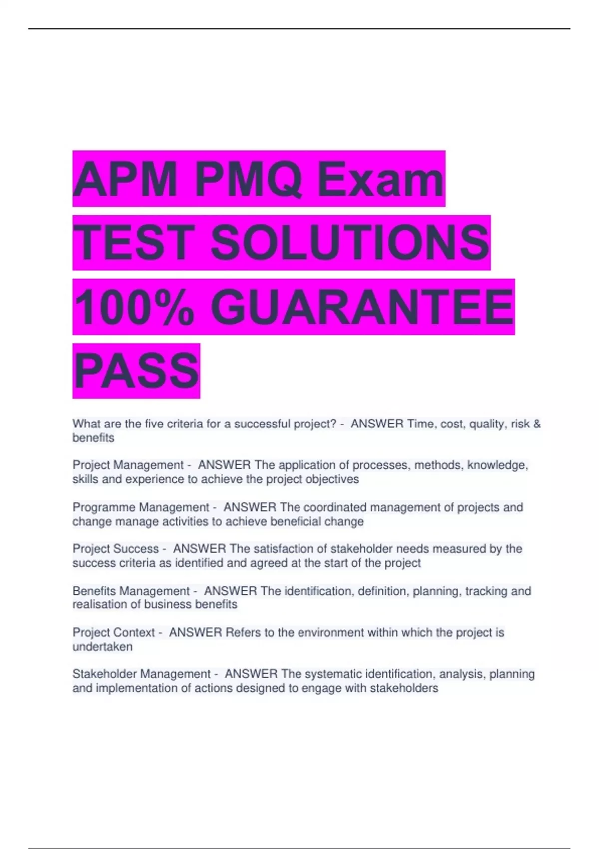 APM PMQ Exam TEST SOLUTIONS 100% GUARANTEE PAS - APM PMQ GUARANTEE PAS ...