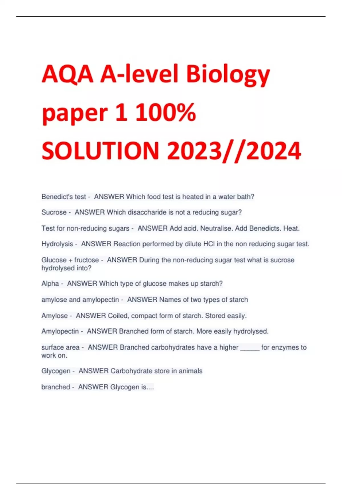 AQA A-level Biology paper 1 100% SOLUTION 2023//2024 - AQA A-level ...