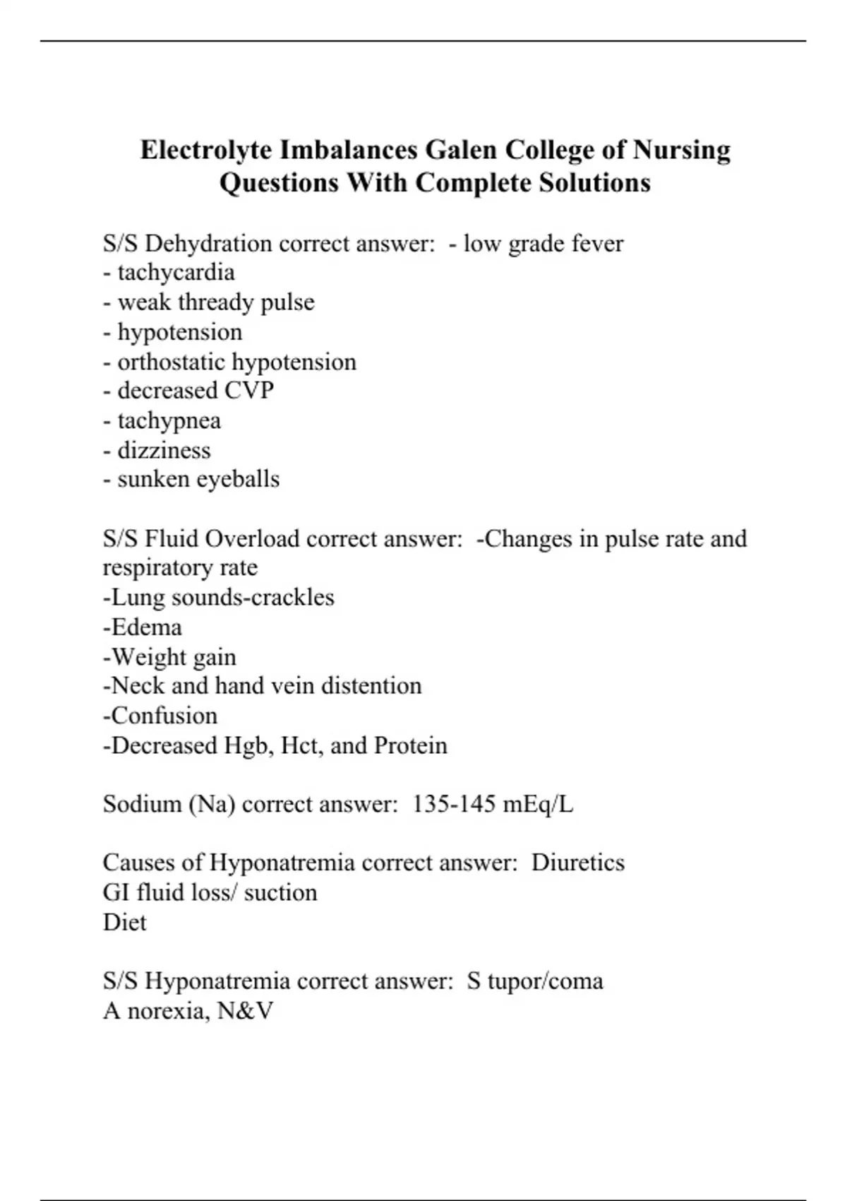 Electrolyte Imbalances Galen College of Nursing Questions With Complete ...