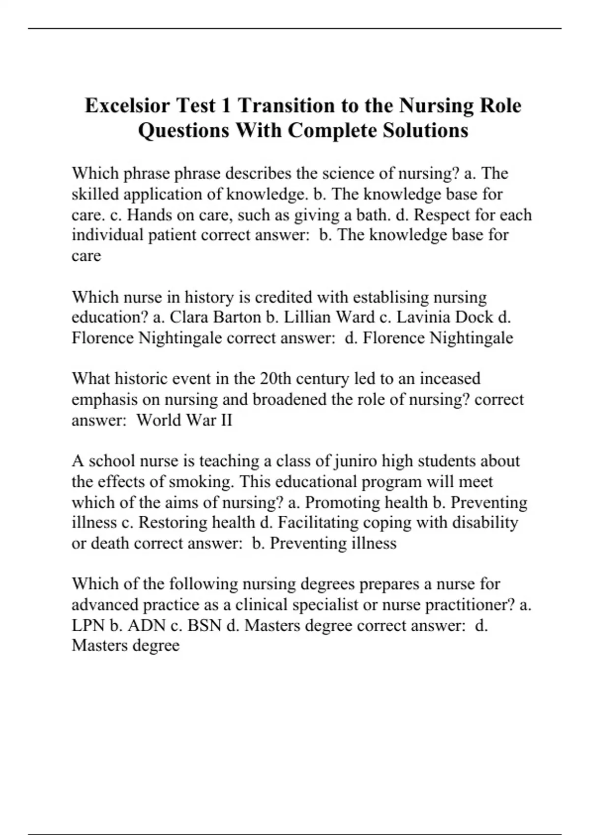 Excelsior Test 1 Transition to the Nursing Role Questions With Complete