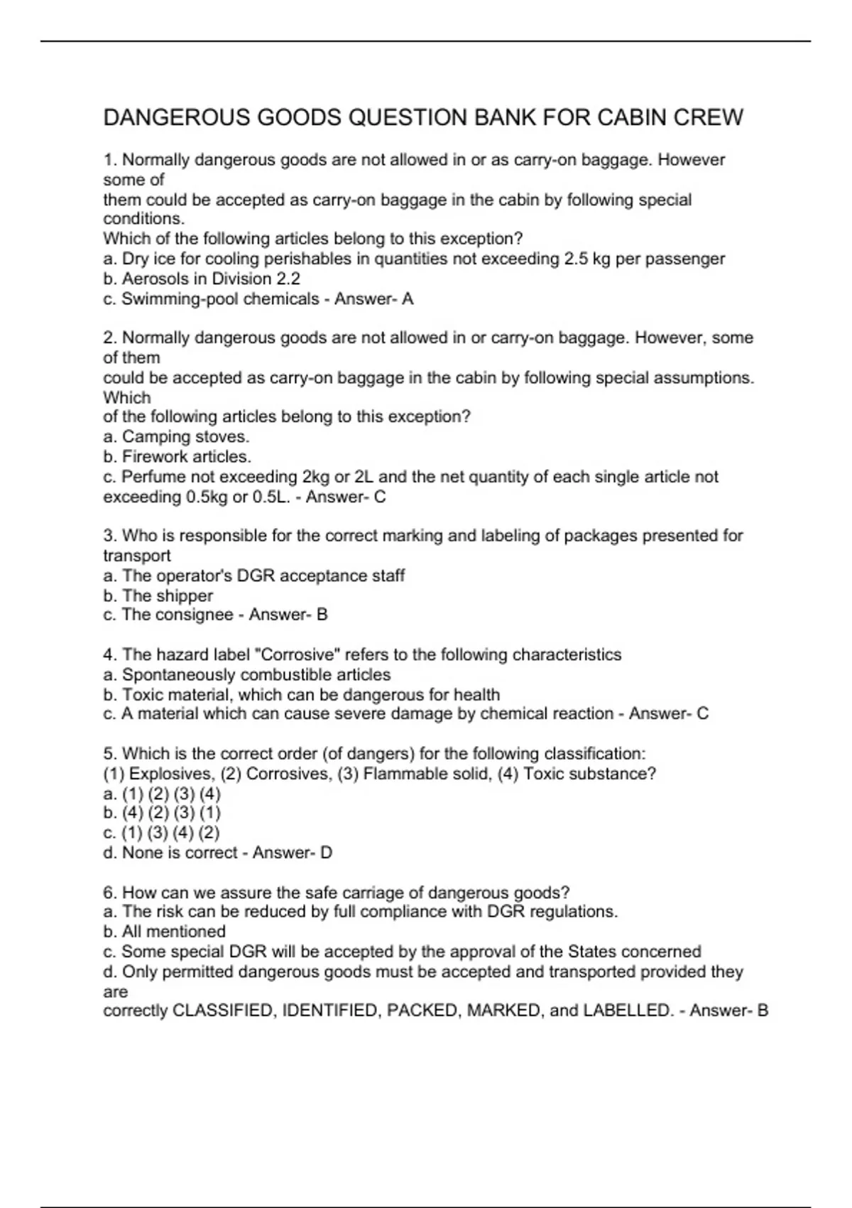 DANGEROUS GOODS QUESTION BANK FOR CABIN CREW DANGEROUS GOODS Stuvia US
