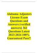 Alabama Adjusters License Exam Questions and Answers (verified answers) 361 Questions