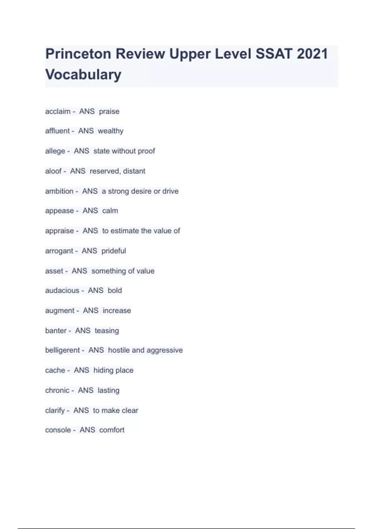 Princeton Review Upper Level SSAT 2021 Vocabulary SSAT Upper Level