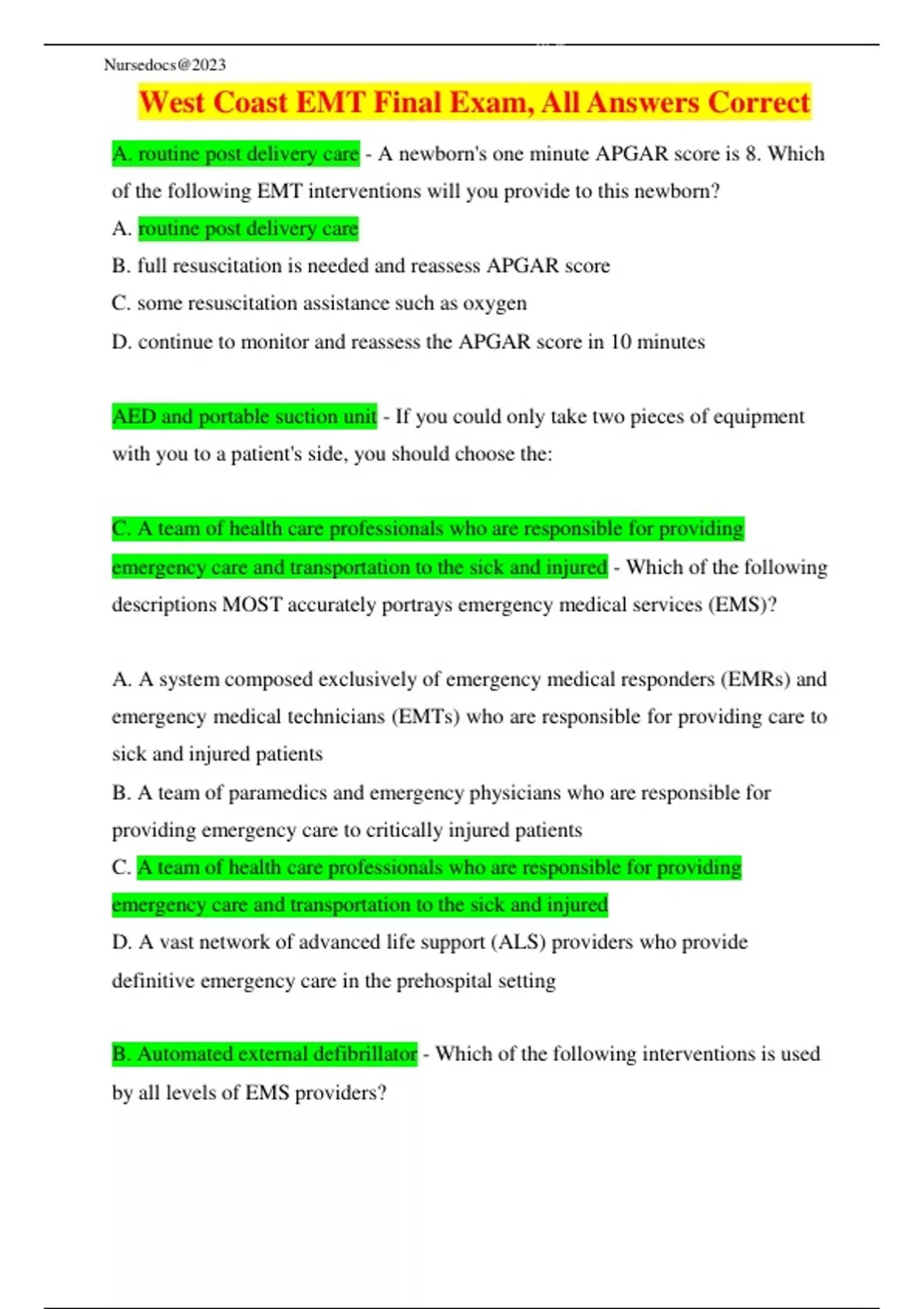 West Coast EMT Final Exam (Latest Updated Version 2023 – 2024) All ...