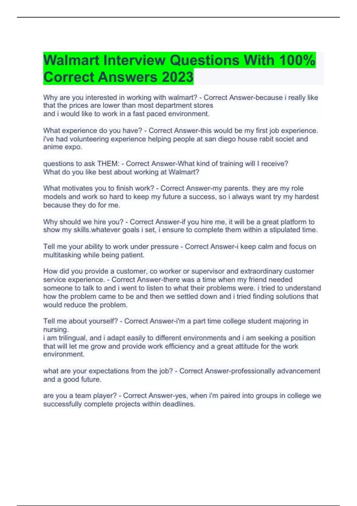 Walmart Interview Questions With 100 Correct Answers 2023 Walmart