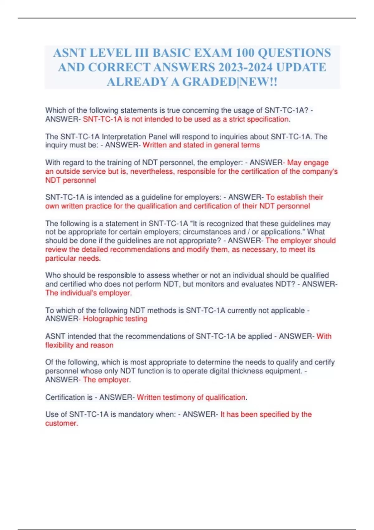 ASNT LEVEL III BASIC EXAM 100 QUESTIONS AND CORRECT ANSWERS UPDATE